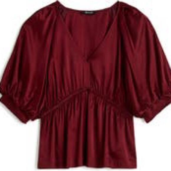 Madewell Burgundy Shirred Puff-Sleeve Top in Satin Size M NT234 - Picture 2 of 3